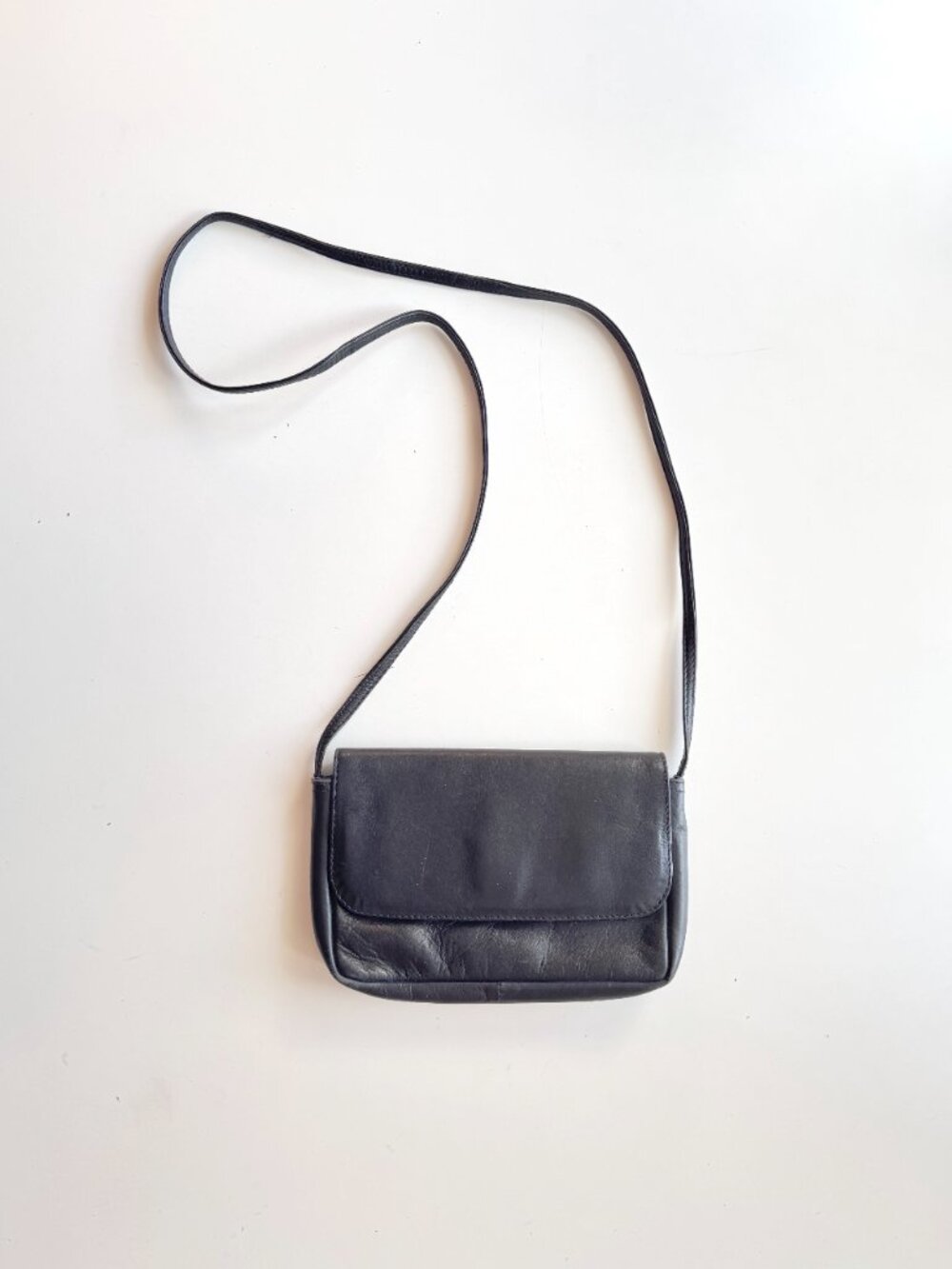 Vintage DEBENHAMS Black Leather Foldover Flap Crossbody Bag Purse